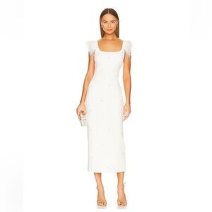 Likely Cameron Feather Cap Sleeve White Midi Dress with Feather Accents